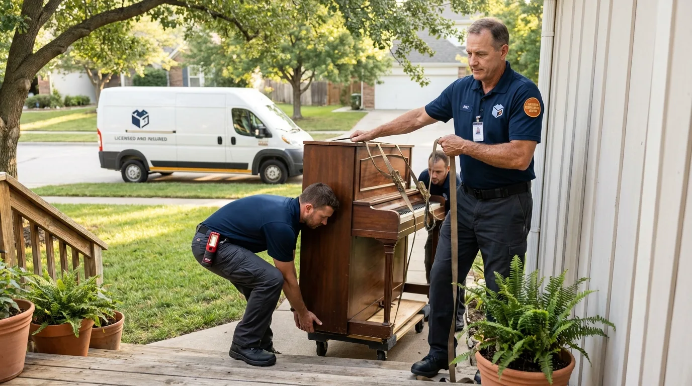 Licensed piano movers securing grand piano in Amherst, VA