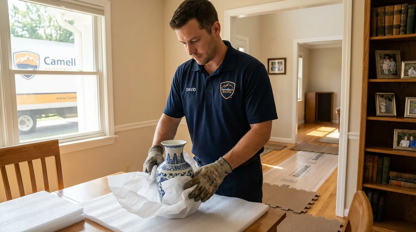 Professional crew carefully wrapping antique vase for senior downsizing move in Amherst, VA